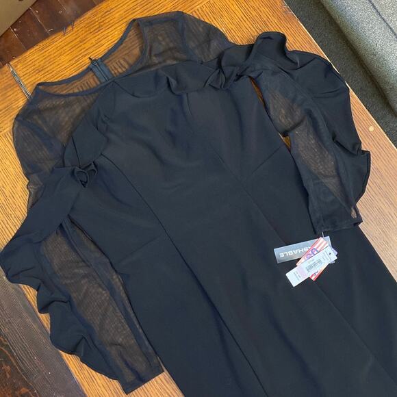 Ruffle Sheer Illusion Little Black Dress Classic Minimal 10 Luxury R&M Richards - Picture 3 of 10